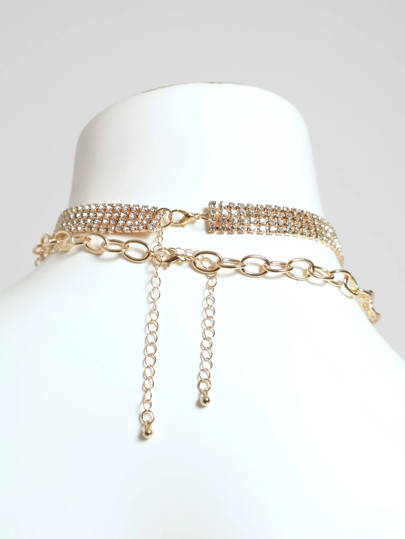 2 Layer Chunky Diamante Choker & Heart Statement Necklace - Gold