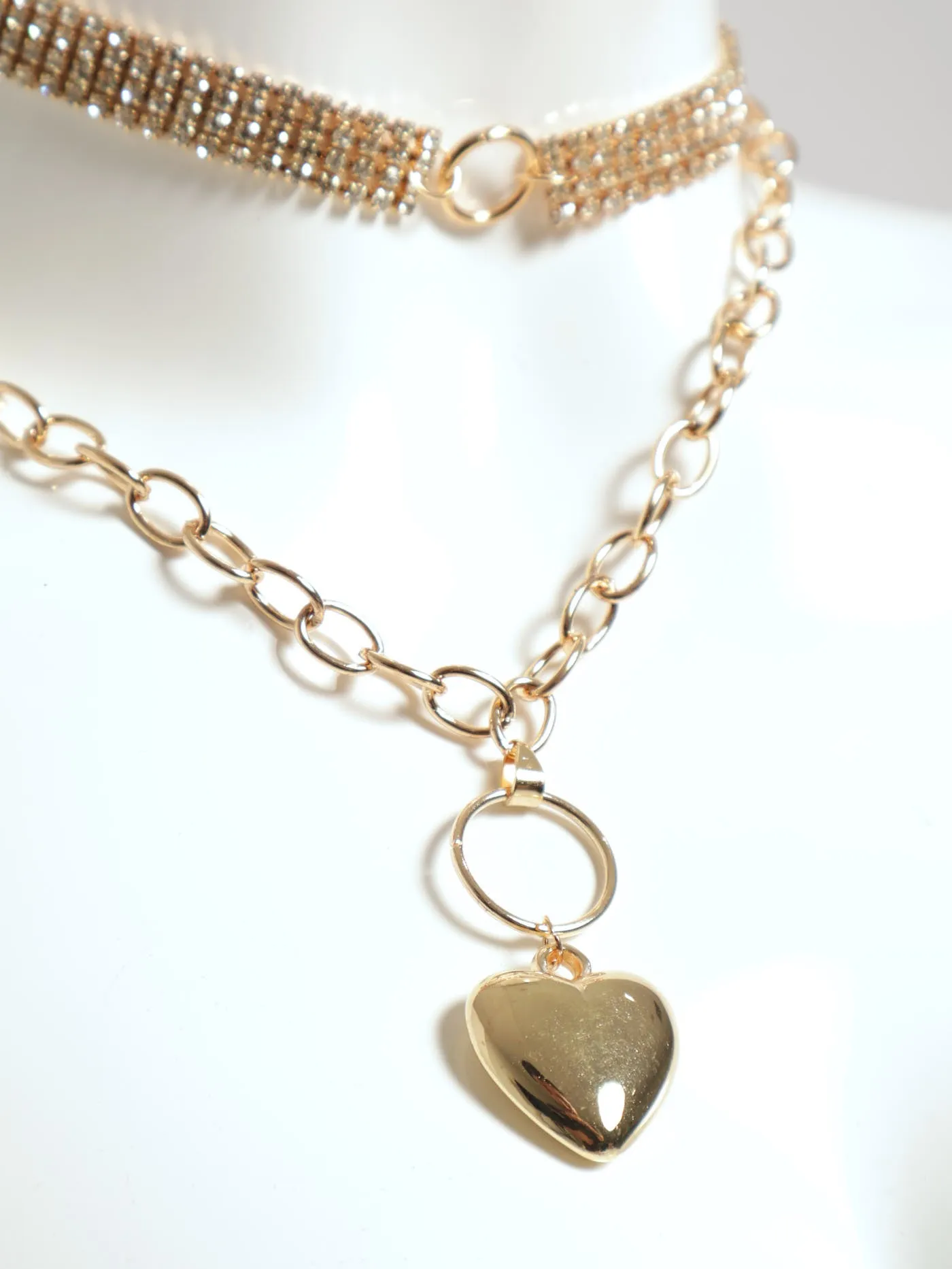 2 Layer Chunky Diamante Choker & Heart Statement Necklace - Gold