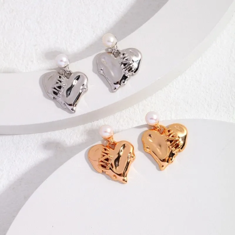 Heart Charm Stud Earrings with Cultured Pearl-Gold Vermeil