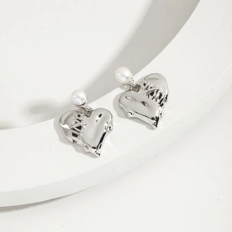 Heart Charm Stud Earrings with Cultured Pearl-Gold Vermeil